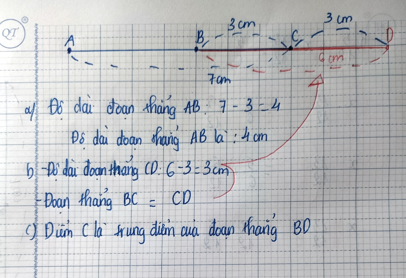 Cho đoạn thẳng AC = 7cm. Điểm B nằm giữa A và C sao cho BC = 3cm.a) Tính độ dài...
