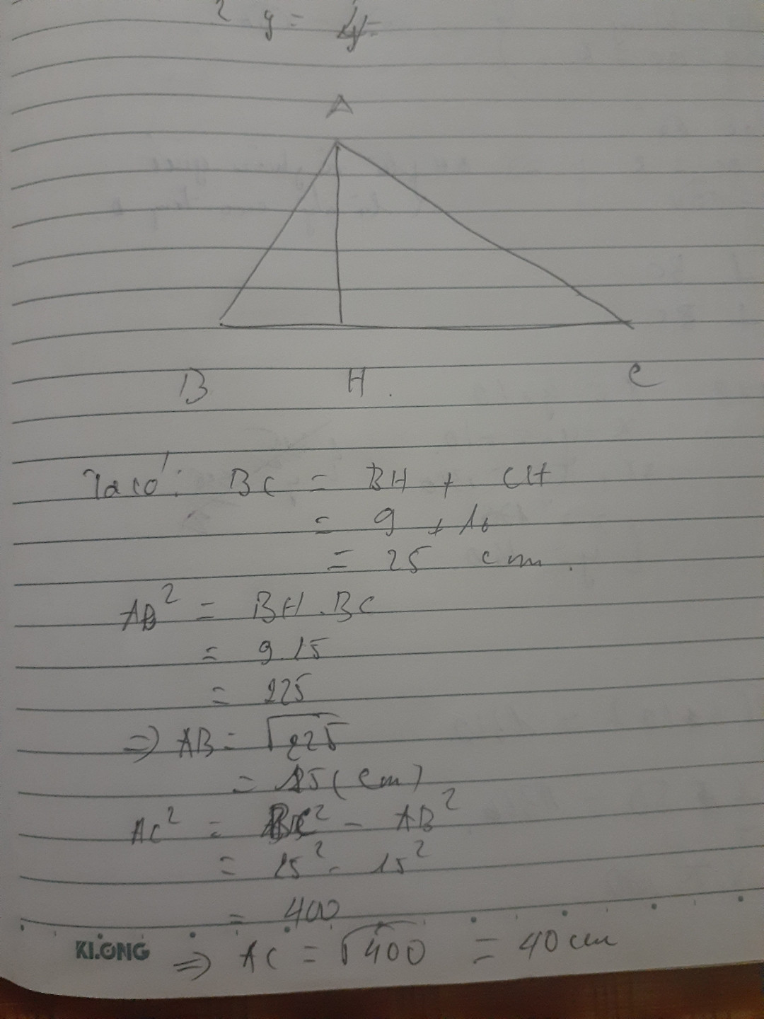 giúp em vớii !
Cho tam giác ABC vuông tại A, đường cao AH (H thuộc BC). Biết BH = 9 cm, CH = 16 cm. Giải tam giác ABC