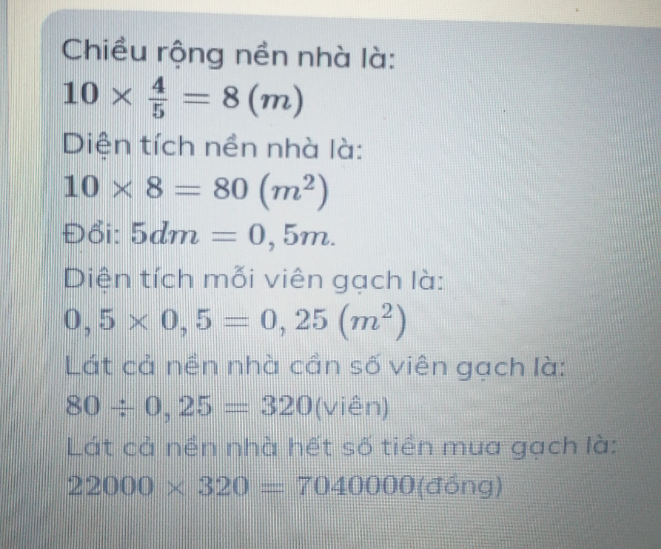 Một nền nhà hình chữ nhật chiều rồng bằng 10m,chiều dài bằng 5/4 chiều rộng,người ta dùng các viên gạch hình vuông 5dm để lát nhà đó,(phần gạch vữa không đáng kể) hỏi để lát nền nhà đó cần bao nhiêu viên gạch