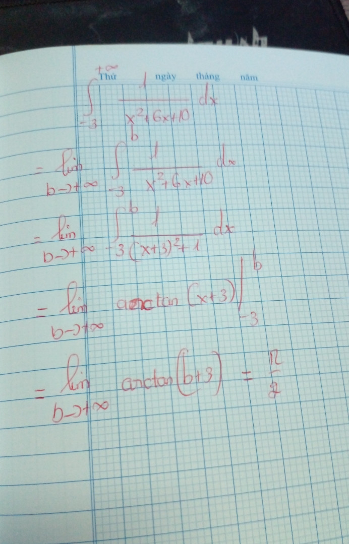 Tính tích phân suy rộng ∫-3+∞dxx2+6x+10 