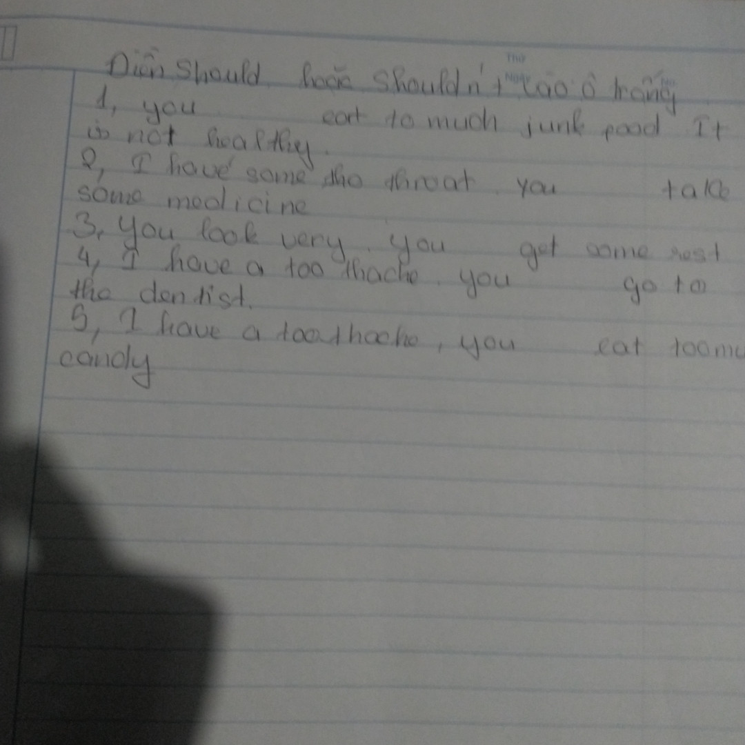 Điền should hoặc shouldn't vào chỗ trống