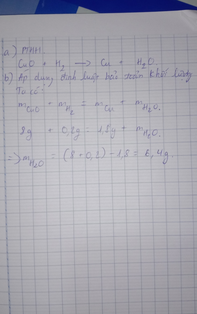 Cho 8 gam CuO tác dụng vừa đủ với 0,2 gam H² tạo ra 1,8gam H²O và kinh loại đồng . 
a) Viết phương trình hoá học xảy ra 
b) Tính khối lượng đồng thu được.
[ ai giải chi tiết giúp em với ạaa uhu]