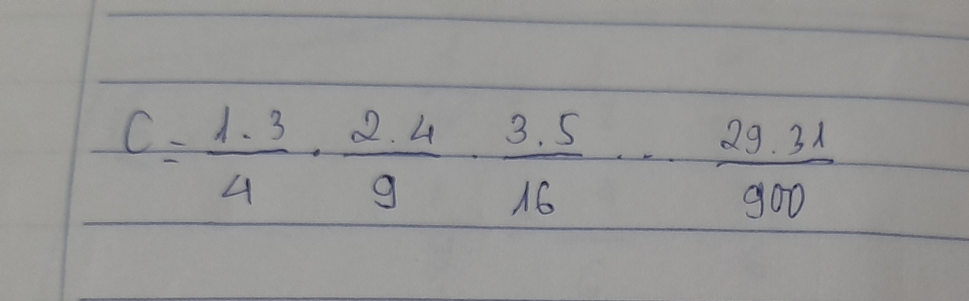 C = 1×3/4 × 2×4/9 ×3×5/16×.....× 29×31/900
