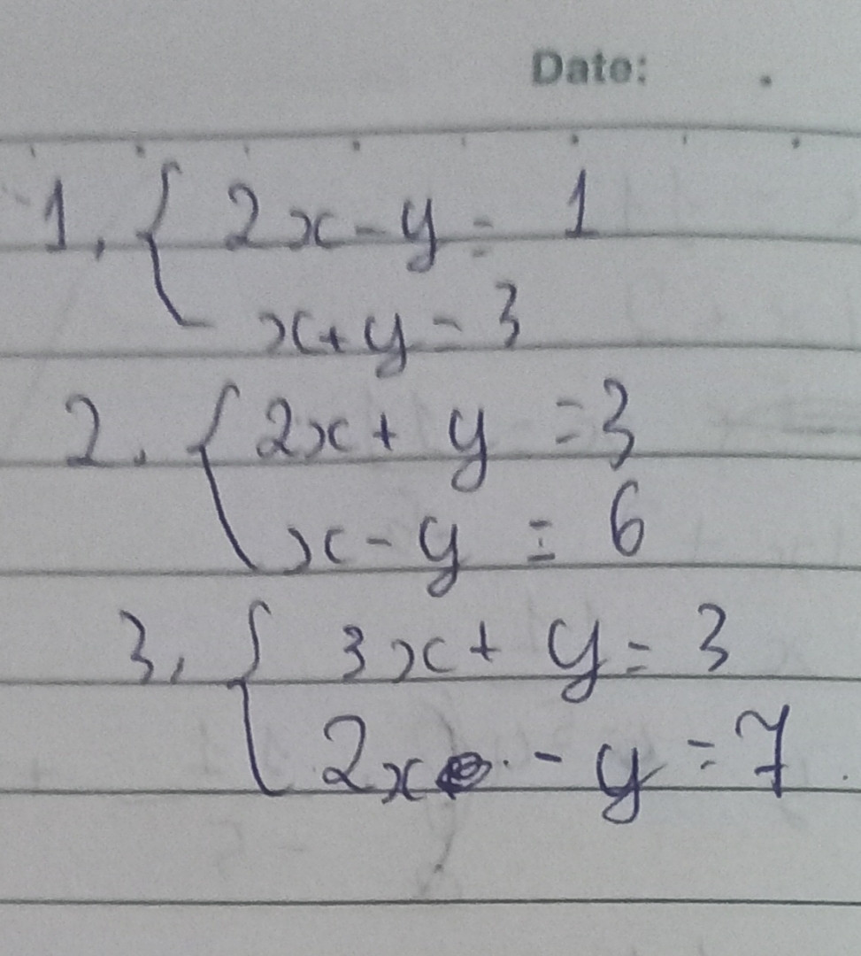 Giải các hệ phương trình bậc nhất 2 ẩn sau
A.{2x-y=1
    {x+y=3
B.{2x+y=3
   {x-y=6
C.{3x+y=3
    {2x-y=7