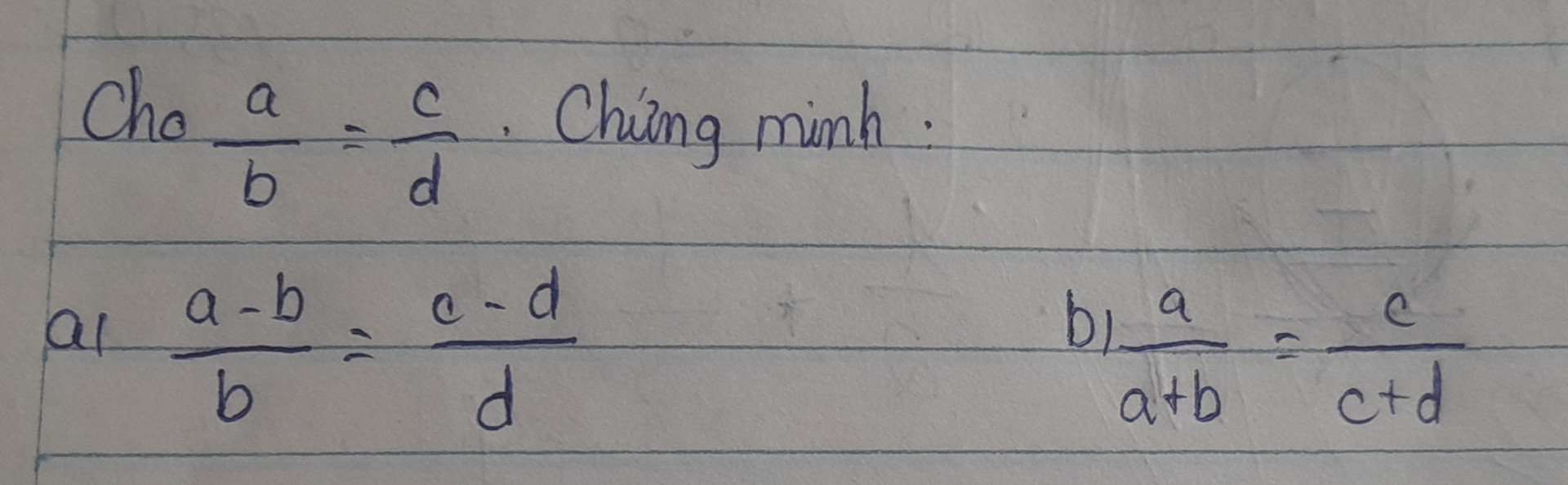 Cho a/b = c/d . Chứng minh: 
a) a-b/b = c-d/d
b) a/a+b =c/c+d
