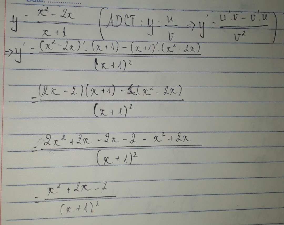 Tính đạo hàm của hàm số y= x^2-2x/x+1