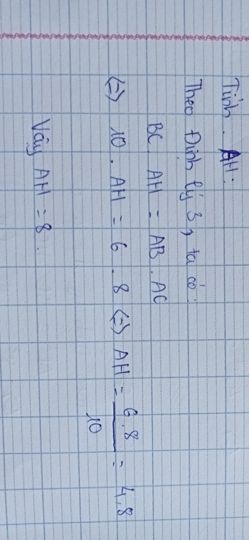 1. Cho tam giác ABC vuông tại A đường cao AH có, AB=6cm,BC=10cm.Tính AH,CH,AC,BH