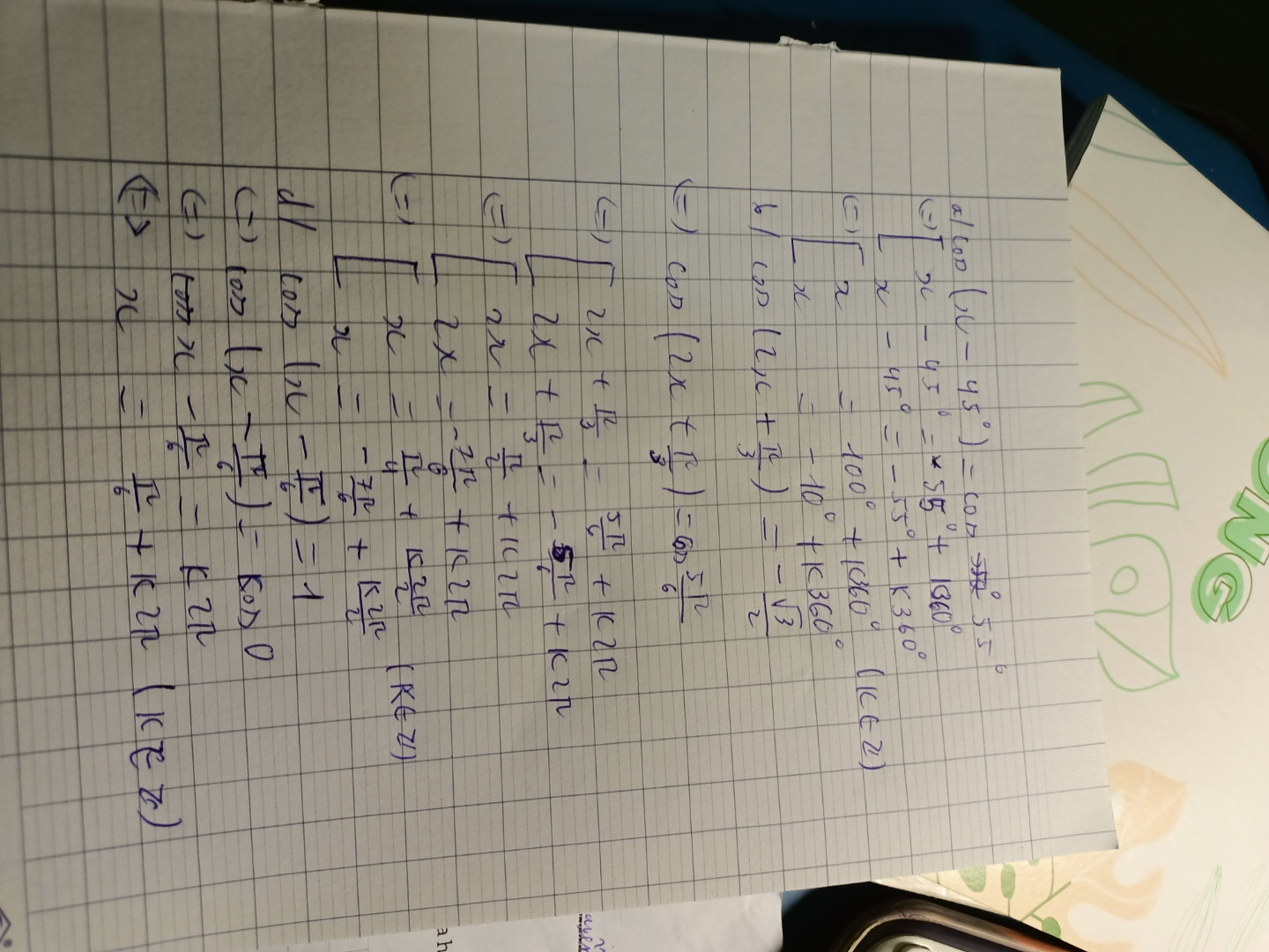 Giải pt
a)Cos(x-45°)=cos55°
b) cos (2x + π/3 ) = - √3/2
d) cos ( x - π/6 ) =1