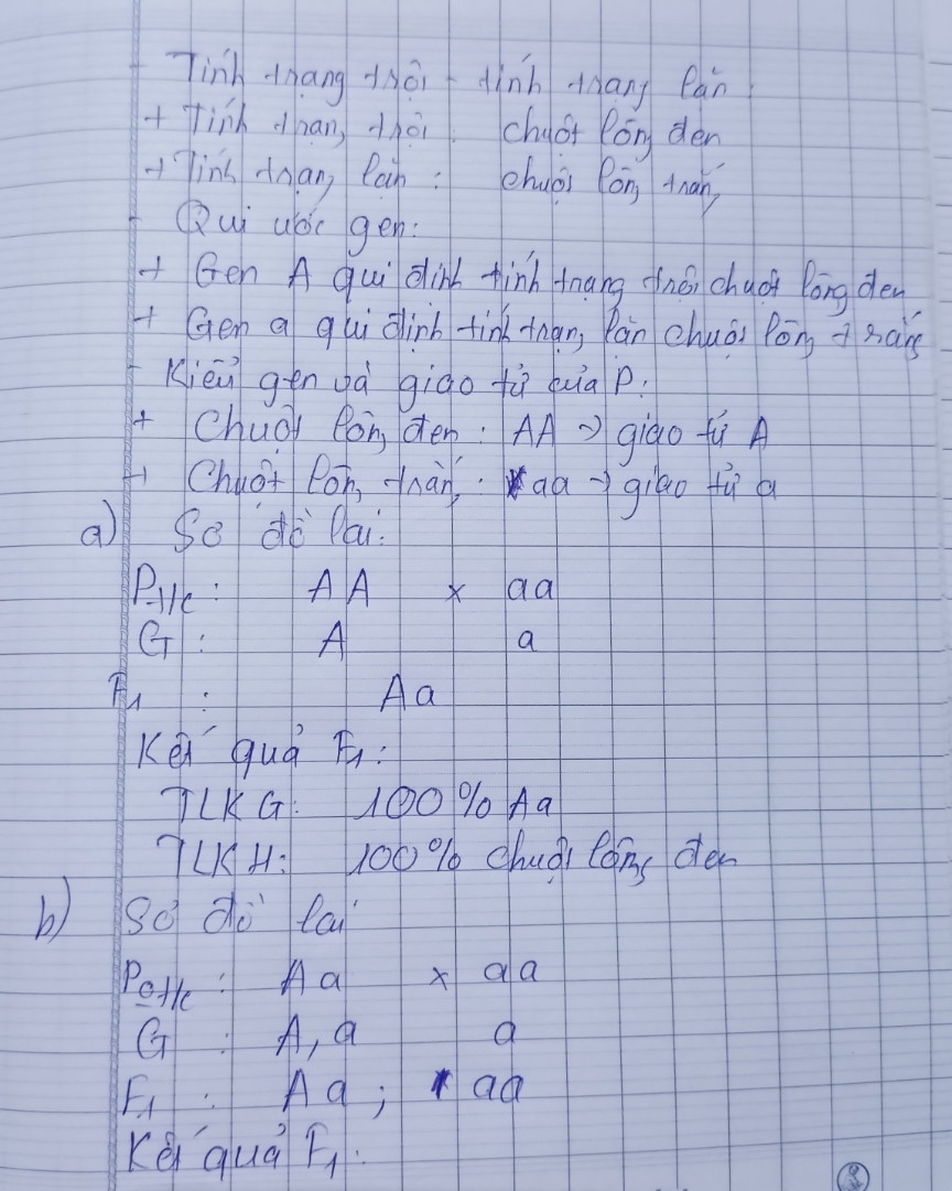 Ở chuột tính trạng lông đen là trội hoàn toàn so với lông trắng. Xác định kiểu gen của P lập sơ đồ lai. Trong các trường hợp sau:
a.	Khi cho chuột đực lông đen giao phối với chuột cái lông trắng thu được f1 100% chuột lông đen.
b.	Khi cho chuột lông đen giao phối với chuột lông trắng  thu được f1 50 % chuột lông đen 50% chuột lông trắng.