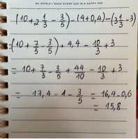 Ta có (10 + 2 1/3 - 3/5) - (4 + 0, 4) - (3 1/3 - 3)