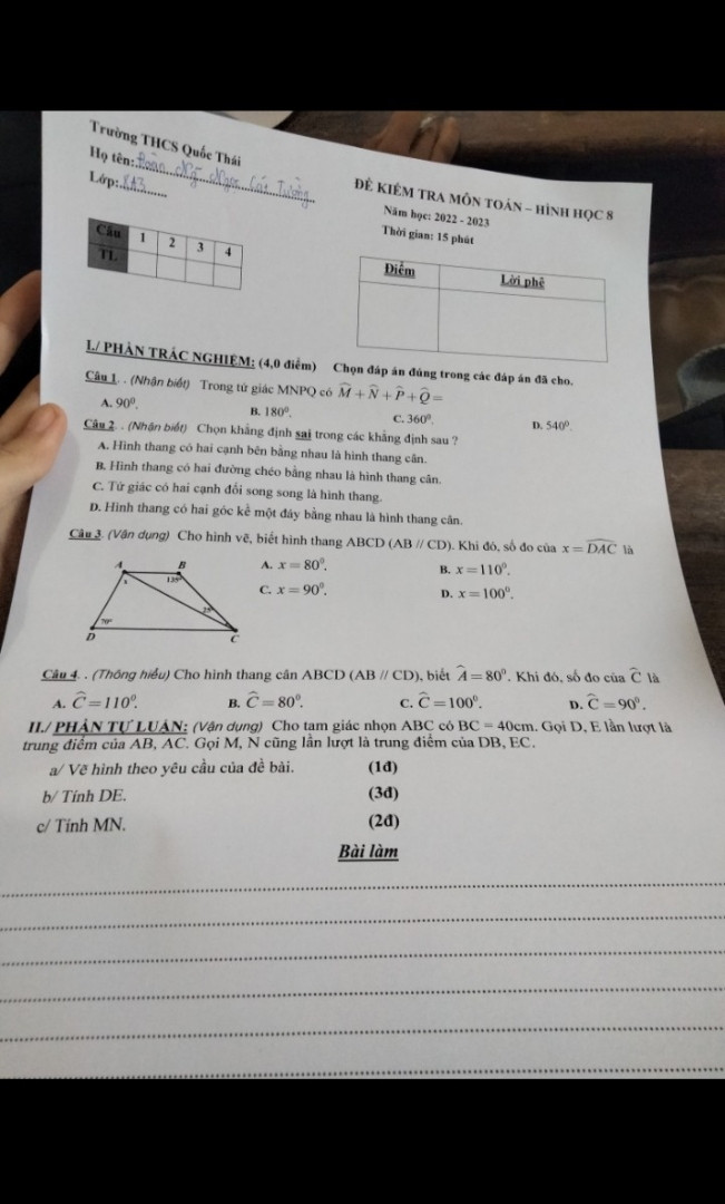 cho tam giác nhọn abc có bc =40cm gọi d,e lần lượt là trung điểm ab,ac.gọi m,n cũng lần lượt là trung điểm của db,ec 
5.1 vẽ theo hình yêu cầu của đề bài 
5.2Tính DE
5.3Tính MN