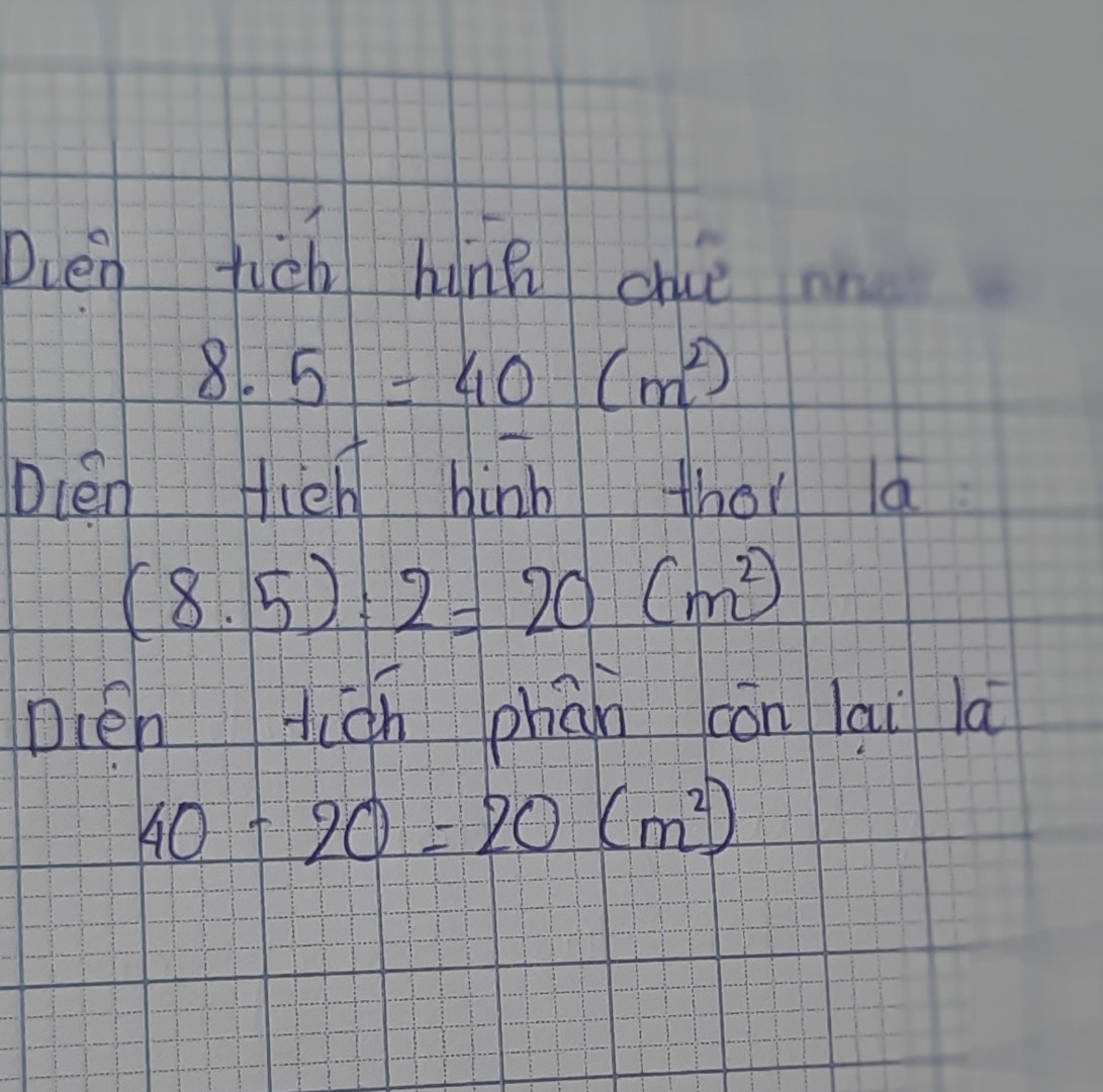 Trên mảnh đất hình chữ nhật có chiều dài 8m và chiều rộng 5m.Người ta làm một bồn hoa hình thoi như hình vẽ tính diện tích phần còn lại của mảnh đất.