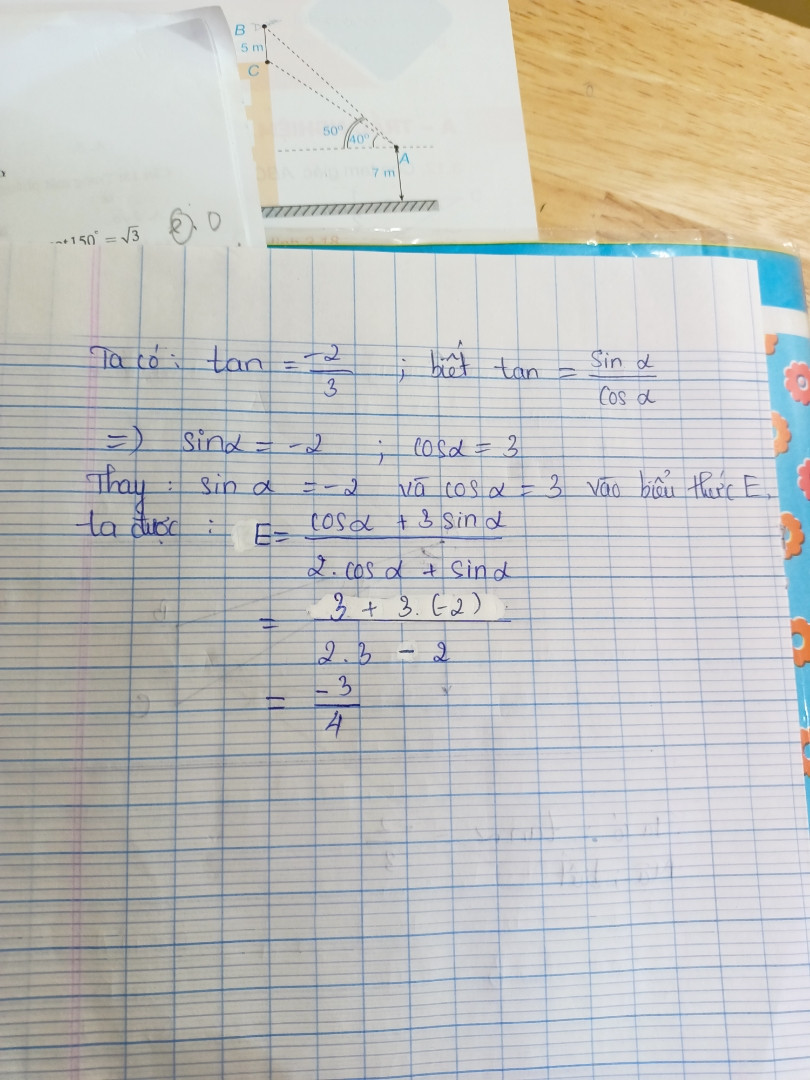Cho biết tan α = -23, Tính giá trị biểu thức E = cos α + 3sin α2cos α + sin α