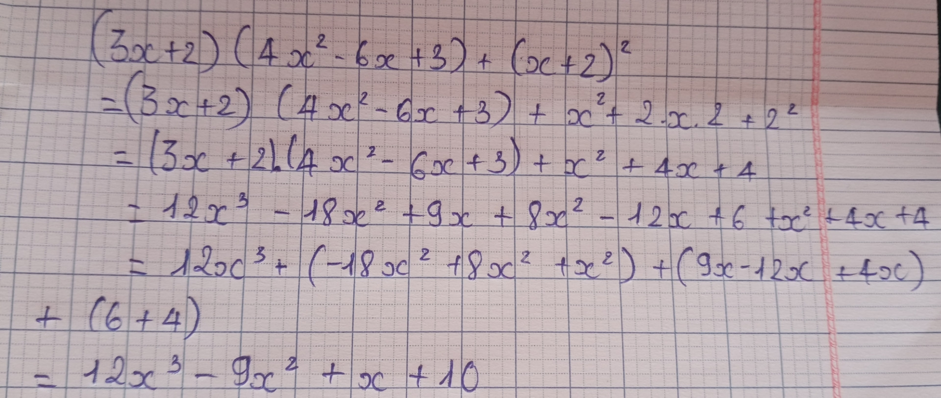 (3x+2)(4x^2-6x+3)+(x+2)^2