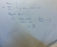 Cho tan x=3. Giá trị của biểu thức P=sinx - 2cosx/3sinx - cosx=
A. 1/2
B. 1/8
C. 1/7
D. 8