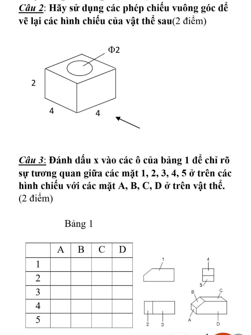 Cho vật thể với các hướng chiếu A, B, C và các hình chiếu 1,