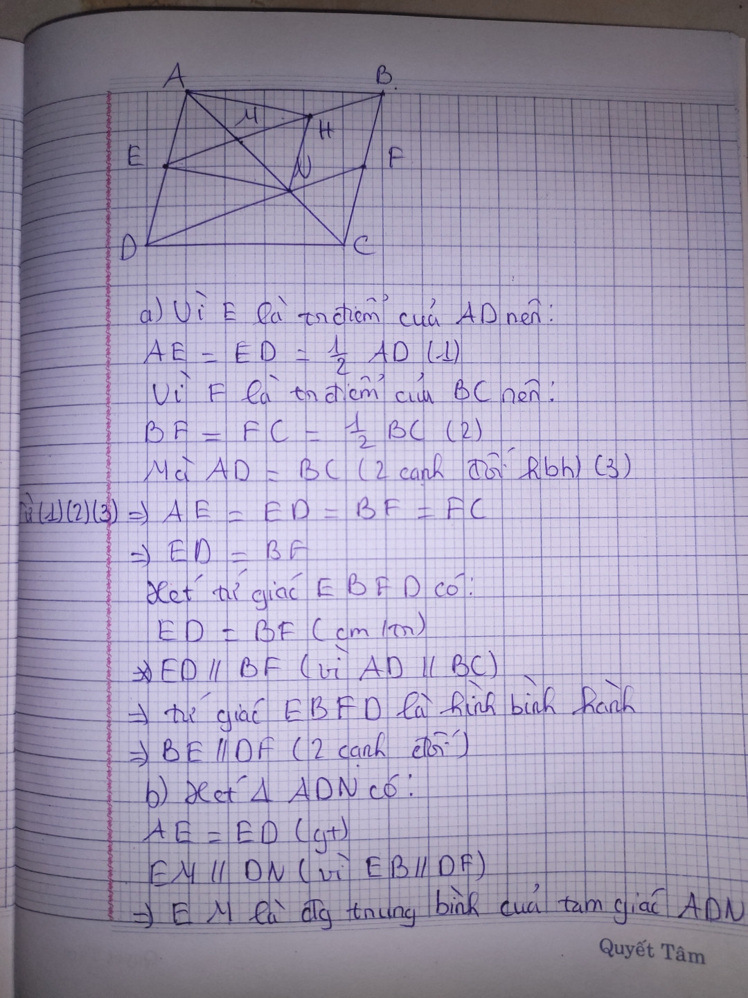 ài 6:Cho hình bình hành ABCD . Gọi E,F theo thứ tự là trung điểm của AD và BC.Đường chéo AC cắt BE,DF
Theo thứ tự tại M và N.

A/ Chứng minh BE//DF.
 b/ Chứng minh AM= MN = NC.
 C/ Gọi H là trung điểm của BM. Chứng minh AHNE là hình bình hành.
 Giúp em với ạ