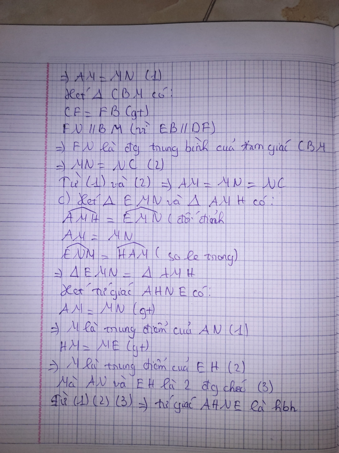 ài 6:Cho hình bình hành ABCD . Gọi E,F theo thứ tự là trung điểm của AD và BC.Đường chéo AC cắt BE,DF
Theo thứ tự tại M và N.

A/ Chứng minh BE//DF.
 b/ Chứng minh AM= MN = NC.
 C/ Gọi H là trung điểm của BM. Chứng minh AHNE là hình bình hành.
 Giúp em với ạ