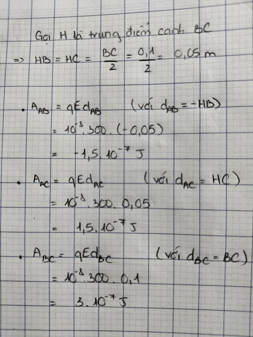 Điện tích q= 10-8 C di chuyển dọc theo các cạnh của tam giác đều ABC cạnh 10cm t...