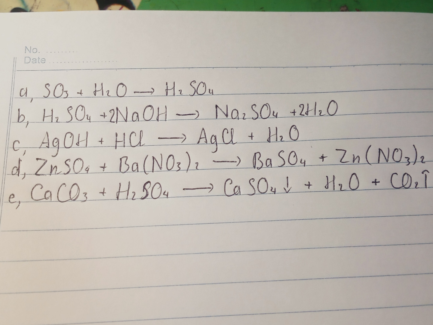 Hoàn thành các phương trình phản ứng hoá học sau:
a) SO3 + ..... -> H2SO4
b) ..... + NaOH -> Na2SO4 + H2O
c) AgOH + ..... -> AgCL + H2O
d) ZnSO4 + Ba(NO3)2 -> BaSO4 + .....
e) CaCO3 + H2SO4 -> ..... + H2O + ....