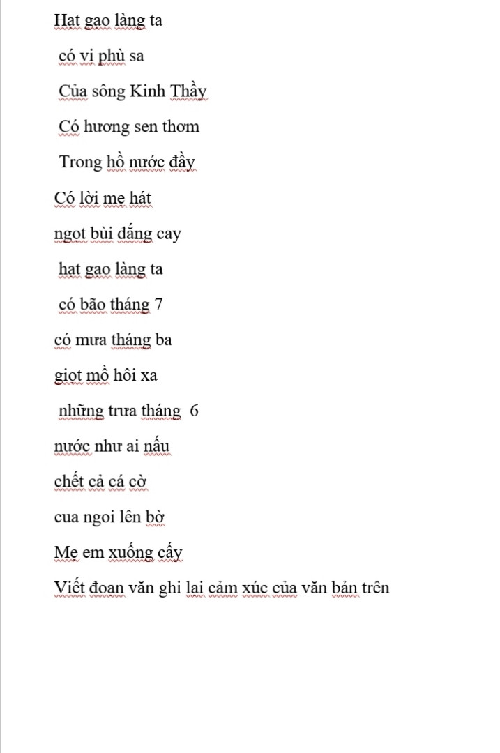 Viết đoạn văn ghi lại cảm xúc của bài thơ Hạt gạo làng ta từ đầu đến cua ngoi  lên bờ mà em xuống cấy