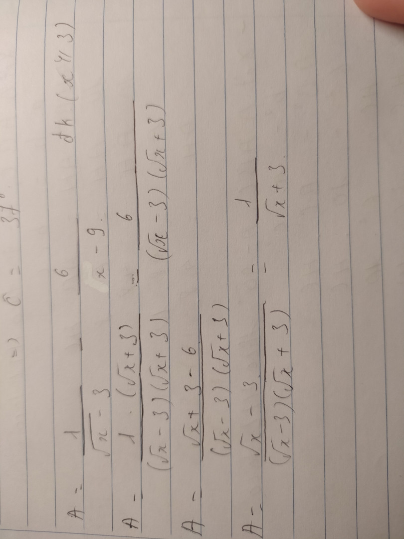 Tìm đk xác định và rút gọn biểu thức
A=1/√x-3)-(6/x-9
