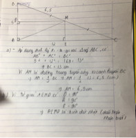 Cho Δ ABC vuông tại A có AB= 5cm,  AC= 12 cm. Gọi M là trung điểm của cạnh BC.
a) Tính độ dài đoạn thẳng BC và AM 
b) Kẻ vuông góc với AB tại D, ME vuông góc với AC tại E. Tứ giác ADME là hình gì ? Vì sao ?