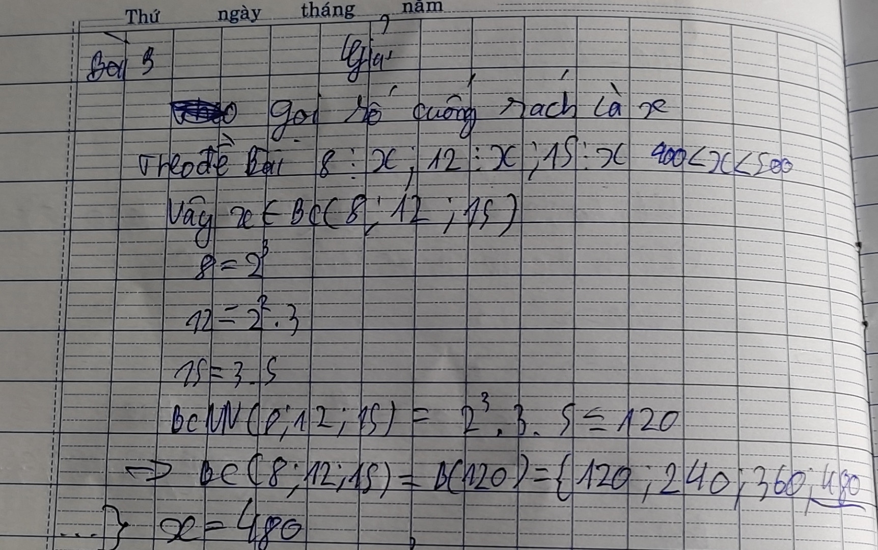 Số học sinh của trường trong khoảng từ 400 đến 500. Biết nếu xếp thành hàng 5 , 8 và 12 thì đều thừa 1 em. Tính sáo học sinh của trường