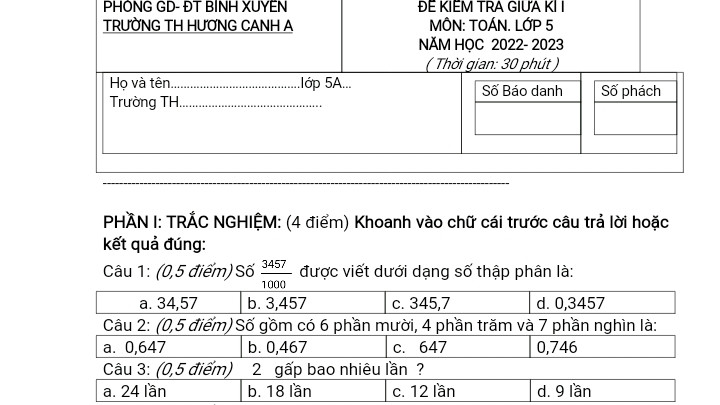 Số 3457/1000 được viết thành số  thập phân