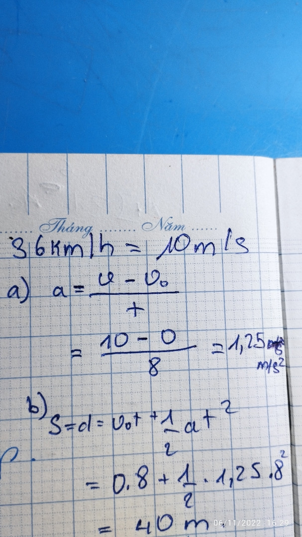 Một đoạn tàu bắt đầu đề ga chuyển động thẳng nhanh dần đều 8s đạt đươcj vận tốc 36km/h
a tính gia tốc
b tính độ dịch chuyển của đoàn tàu trong 8s