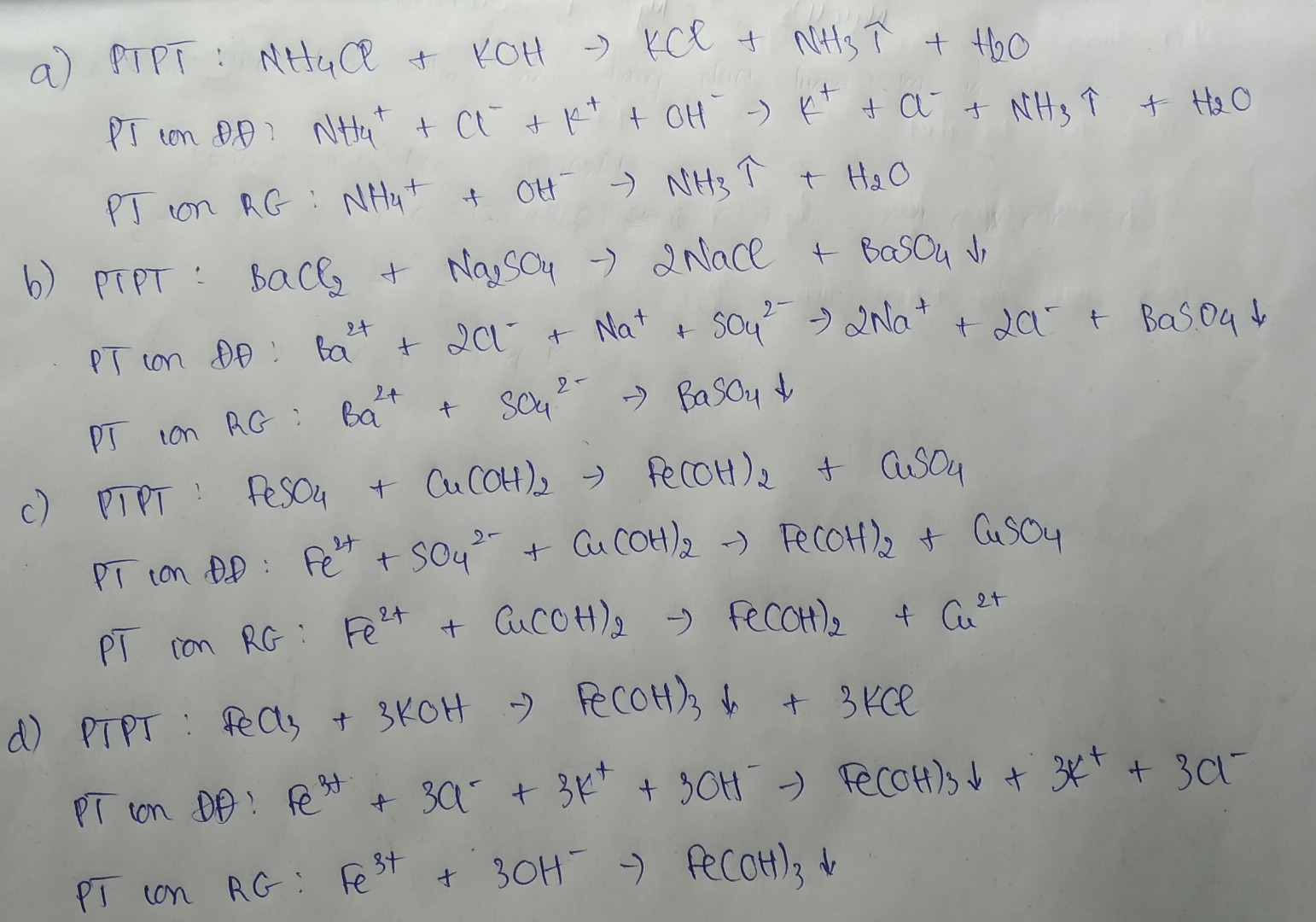 Viết phương trình phân tử , ptrình ion đầy đủ , ptrình ion thu gọn của : 
a. NH4CL + KOH 
b. BaCl2 + NaSO4 
c. FeSO4 + Cu(OH)2 
d. FeCl3 + KOH