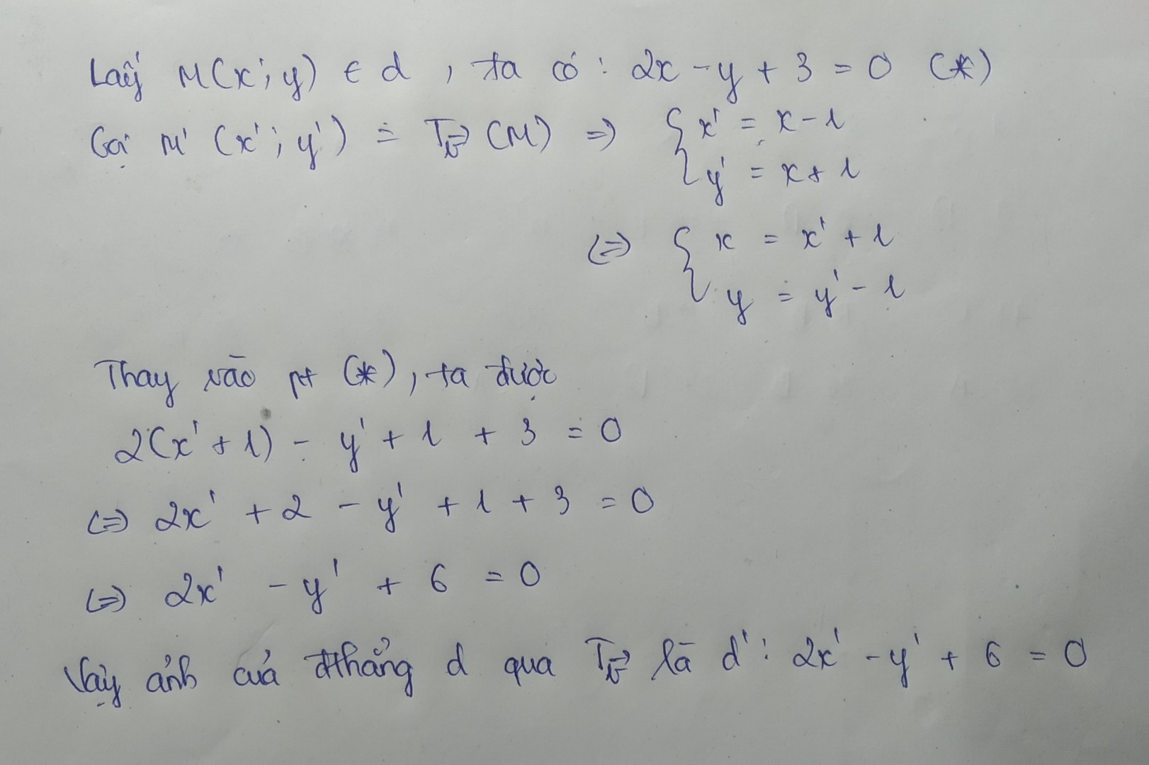 cho đường thẳng d:2x-y+3=0 và véctơ v(-1:1). Tìm ảnh của đường thẳng d qua phép tịnh tiến theo véctơ v