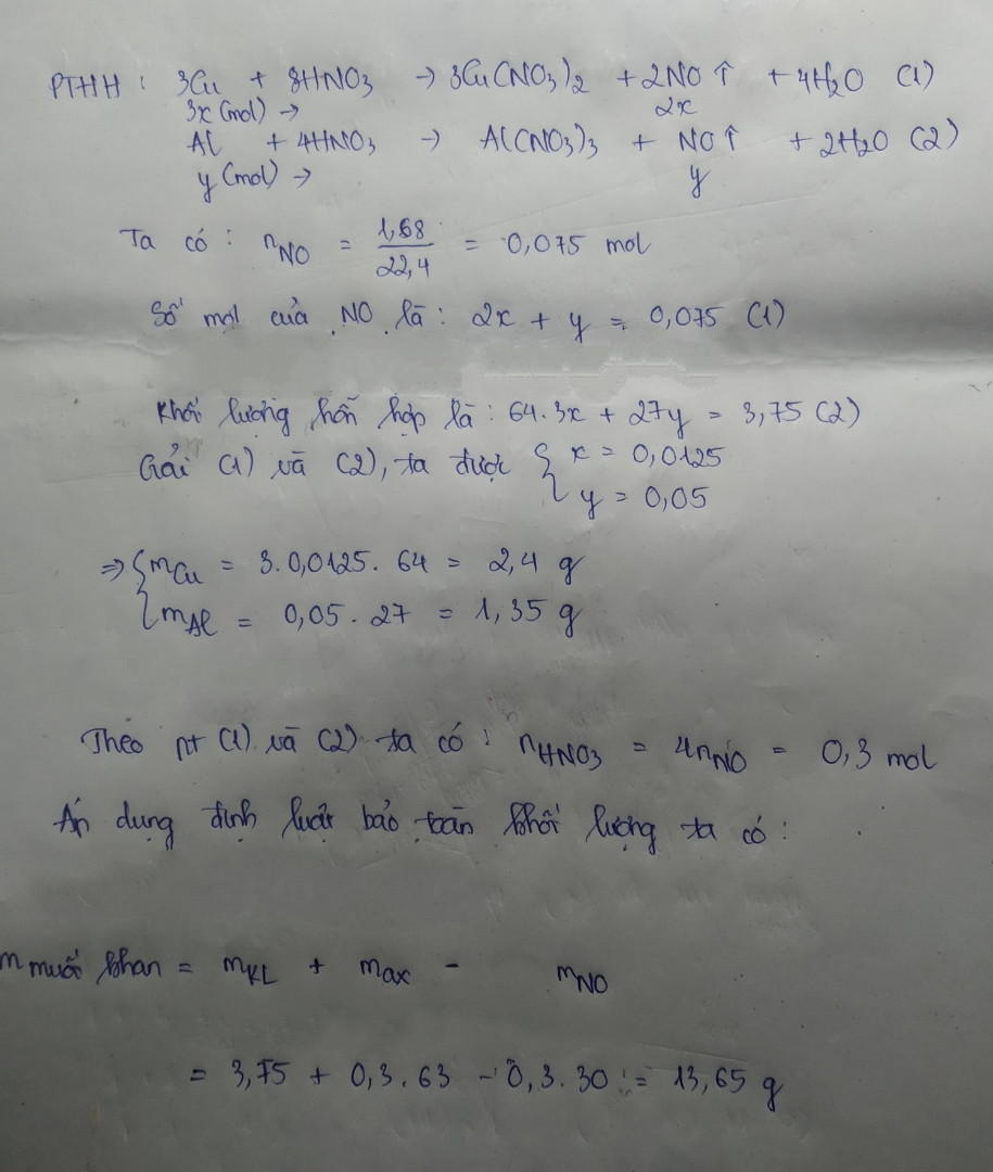 Cho 3,75 g hỗn hợp Cu và Al tác dụng với dd HNO3 loãng (lấy dư) thu được 1,68 lít NO (đktc, là sản phẩm khát duy nhất). Xác định khối lượng của Cu và Al trong hỗn hợp đầu và tính khối lượng muối khan thu được sau phản ứng ( Al=27)