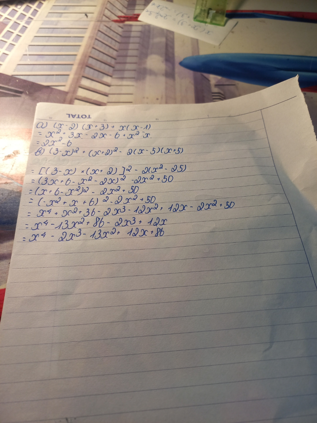 Rút gọn biểu thức 
A.(x-2)(x+3)+x(x-1)
B.(3-x)^2+(x+2)^2-2(x-5)(x+5)