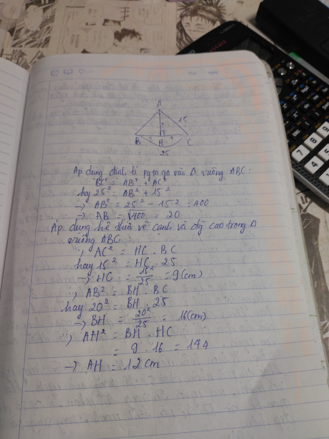 cho tam giác ABC vuông tại A , đường cao AH , AC = 15cm , BC = 25cm
a) Tính CH , AH ,HB
b) kẻ đường cao HK ( K € AC ) . Tính HK , KA , KC