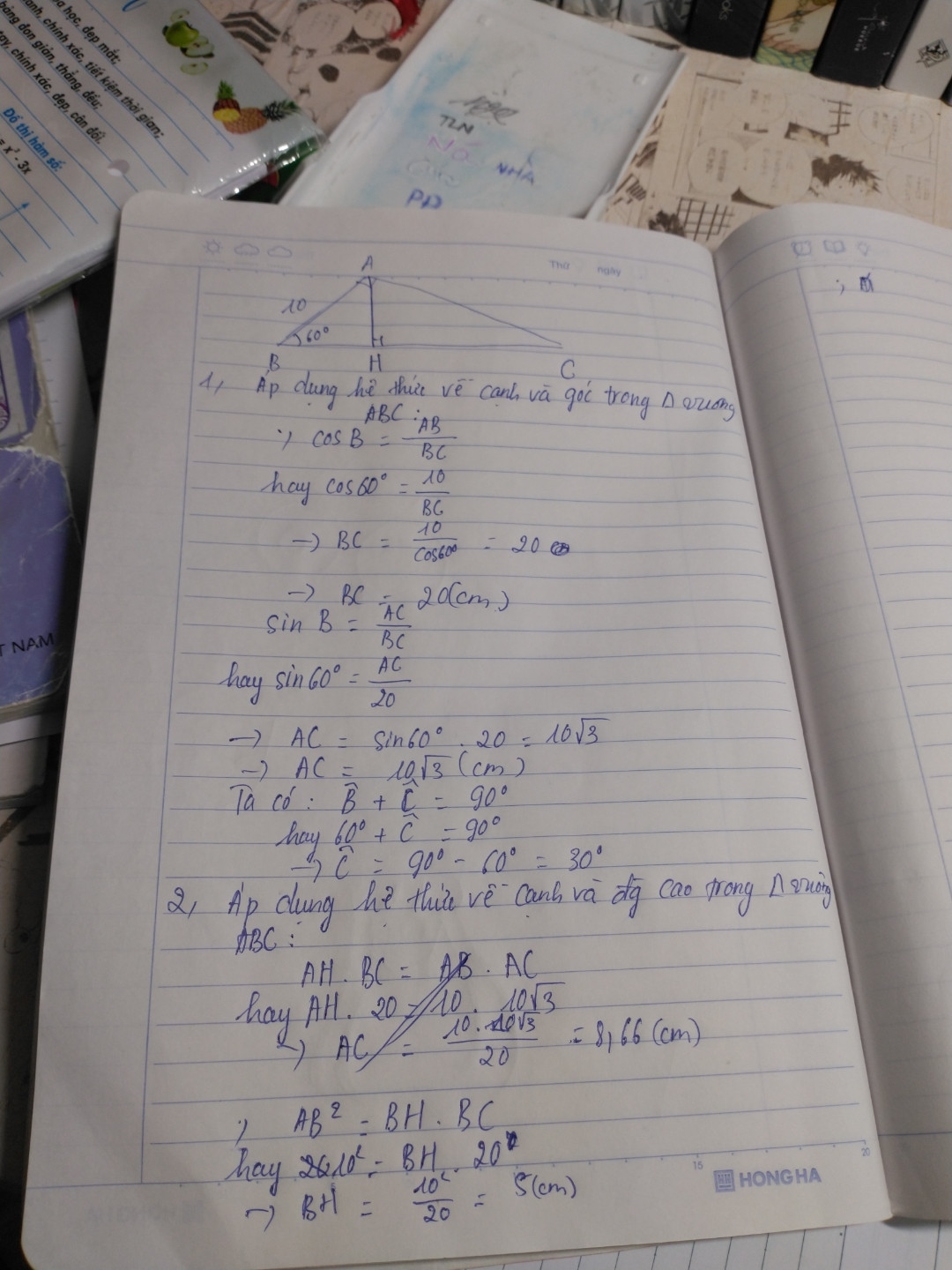 Cho tam giác ABC vuông tại A. Biết góc B=60°. Cạnh AB=10cm
1.hãy giải tam giác vuông ABC
2.vẽ đường cao AH.tính độ dài AH,BH
