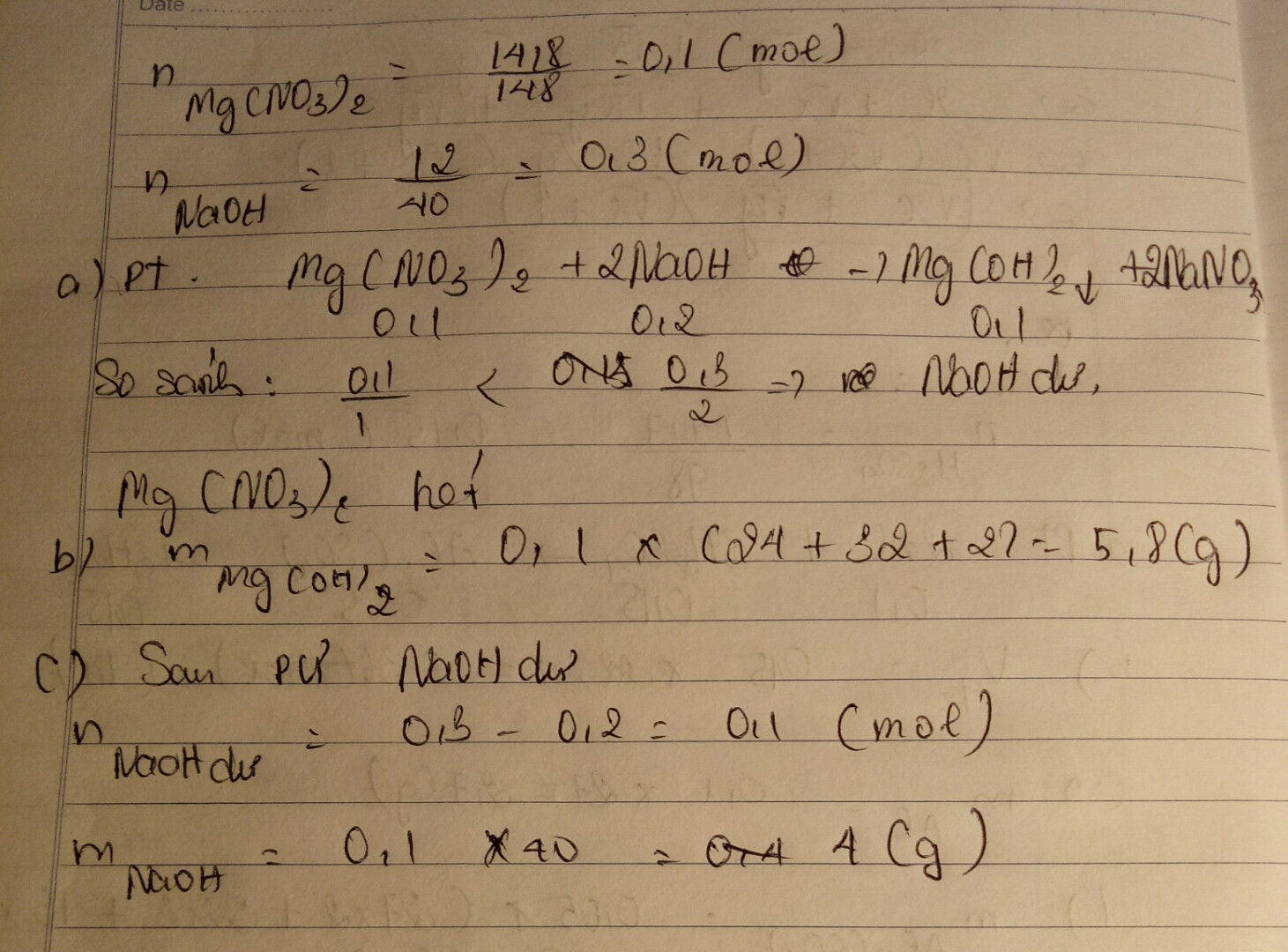 Cho 14,8g dd Mg(NO3)2 tác dụng với 12g dd NaOH a) Viết PTHH xảy ra b)tính...