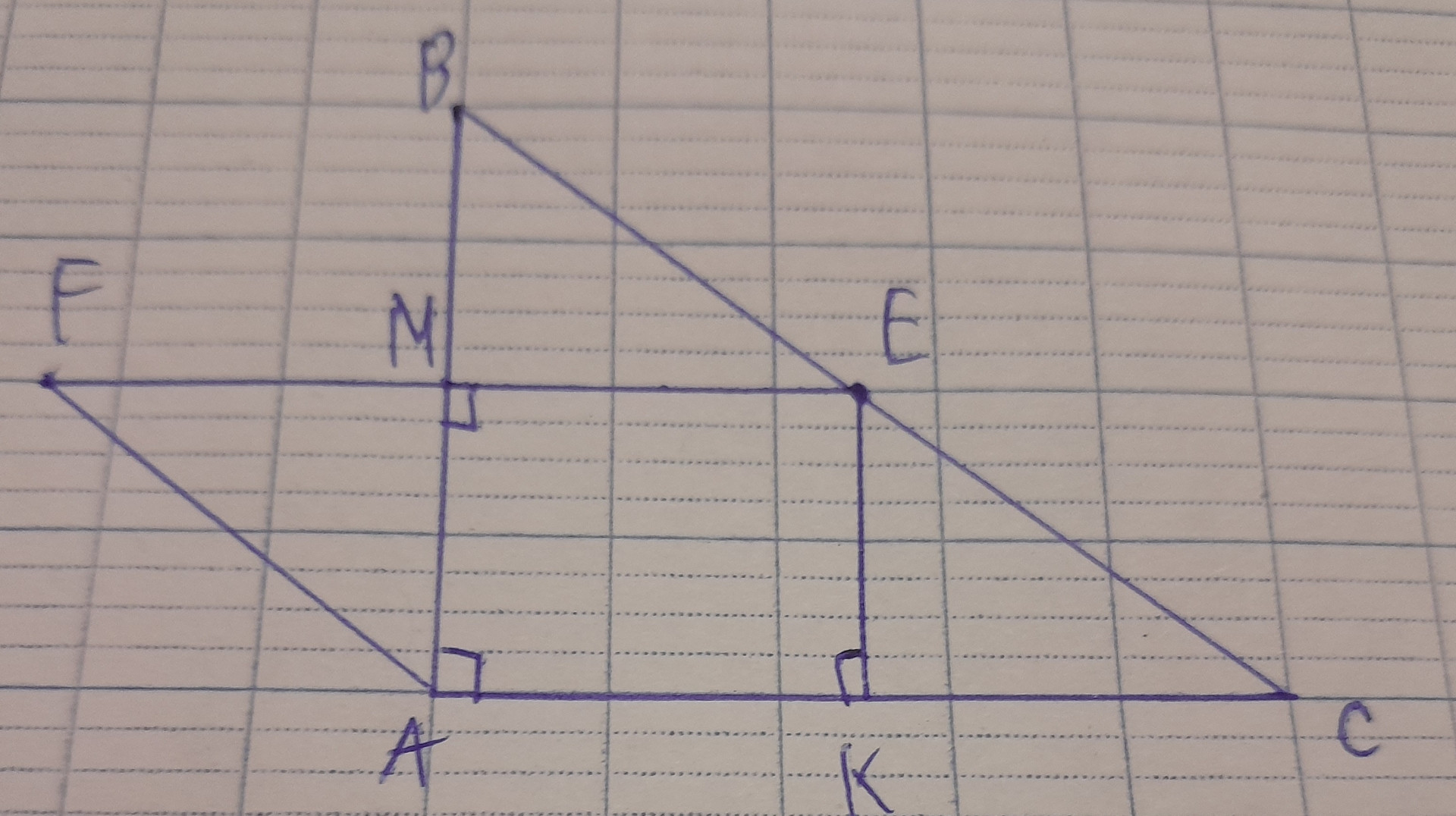 Cho tam giác ABC vuông tại A. Gọi E là trung điểm BC. Từ A kẻ EK vuông góc AC (K thuộc AC) EM vuông góc với AB (M thuộc AB 
a/Chứng minh tứ giác AMEK là hình chữ nhật 
B/ Gọi E là điểm đối xứng với A qua M Chứng minh tứ giác AFEC là bình hành(giúp với ạ)
