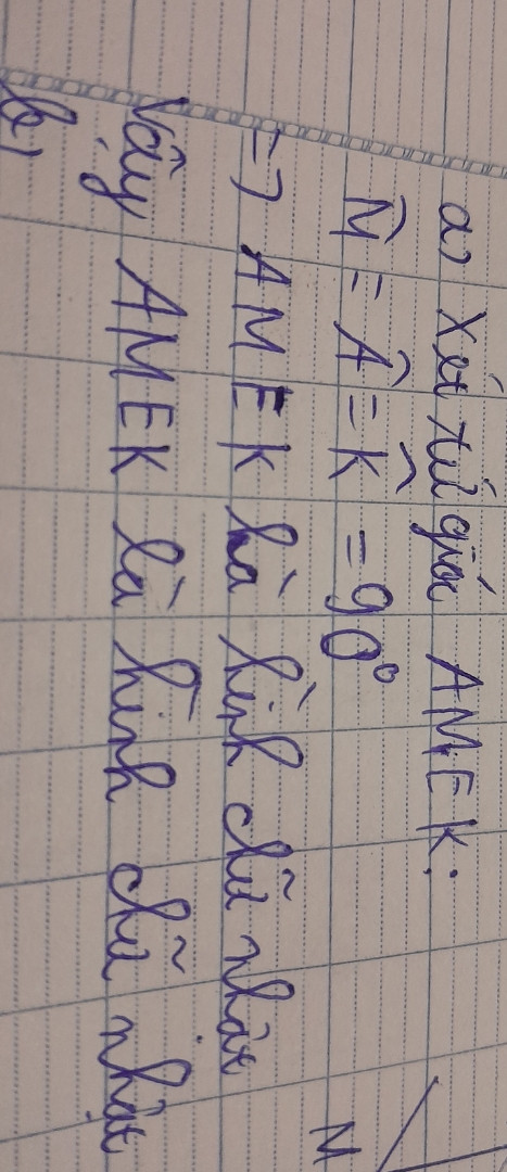 Cho tam giác ABC vuông tại A. Gọi E là trung điểm BC. Từ A kẻ EK vuông góc AC (K thuộc AC) EM vuông góc với AB (M thuộc AB 
a/Chứng minh tứ giác AMEK là hình chữ nhật 
B/ Gọi E là điểm đối xứng với A qua M Chứng minh tứ giác AFEC là bình hành(giúp với ạ)