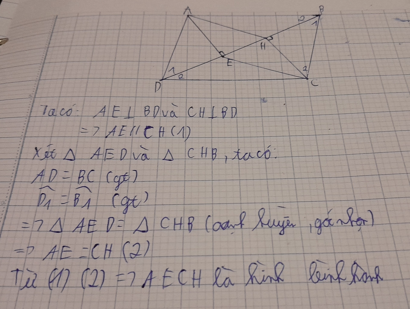 Cho hình bình hành ABCD. Lấy E thuộc BD, sao cho AE vuông góc BD. Lấy H thuộc BD sao cho CH vuông góc BD. CMR AECF là hình bình hành