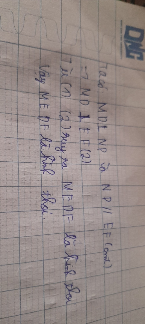 Cho tam giác MNP cân tại M.Gọi E,F,D lần lượt là trung điểm của MN,MP,NP
a)Chứng minh tứ giác EFDN là hình bình hành
b)Gọi I là điển đối xứng của D qua E.Chứng minh tứ giác MIND là hình chữ nhật
c)Chứng minh tứ giác MEDF là hình thoi