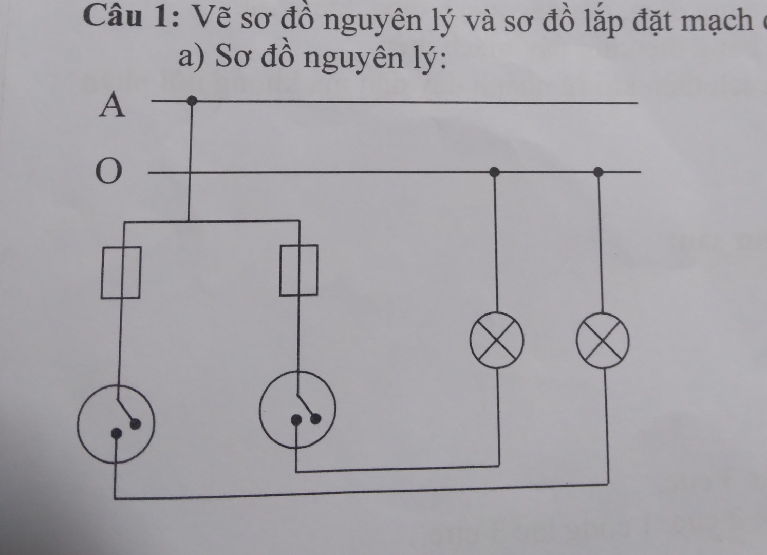 vẽ sơ đồ nguyên lý mạch điện bảng hai công tắc hai cực điều khiển hai đèn