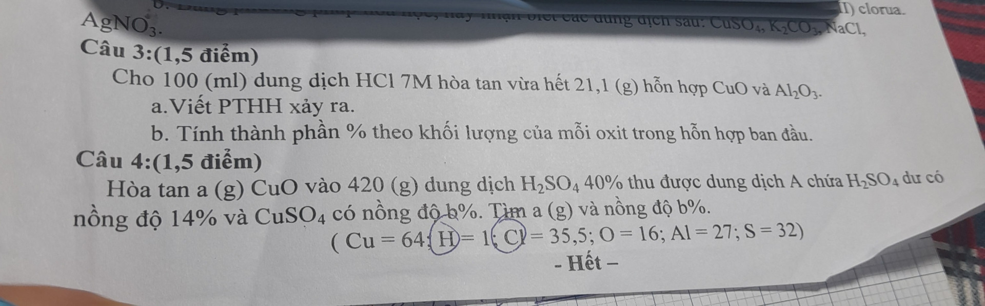 Hòa tan a(g) CuO vào 420 (g) dung dịch H2SO4 40 phần 100 thu được dung dịch A chứa H2SO4 dư có nồng độ 14  phần trăm và CuSO4 có nồng độ b phần 100 .Tìm a(g) và nồng độ b
Đề người ta cho tui sẵn là (Cu=64;H=1;Cl=35,5;O=16;Al=27;S=32) .
Làm ơn bạn nào biết làm bài này chỉ dùm tôi mà biết làm nha chứ dừng có chỉ đại phải chắc mới chỉ tui có hơi dô duyên mong mọi người thông cảm.Và cho biết bài này nằm trên phần nào trên google cảm ơn