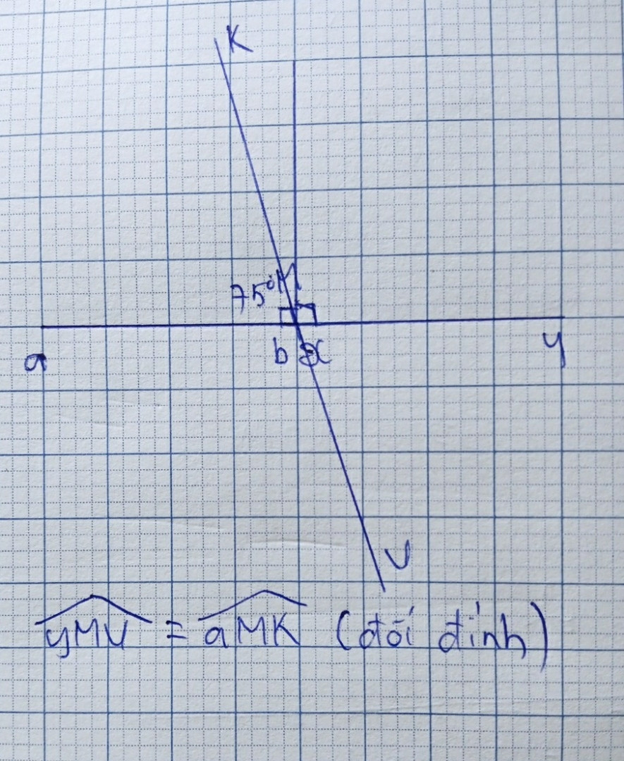 Vẽ 2 đường ab và xy vuông góc tại M. Vẽ đường kv qua M và tạo góc aMk =75° Tính góc yMv