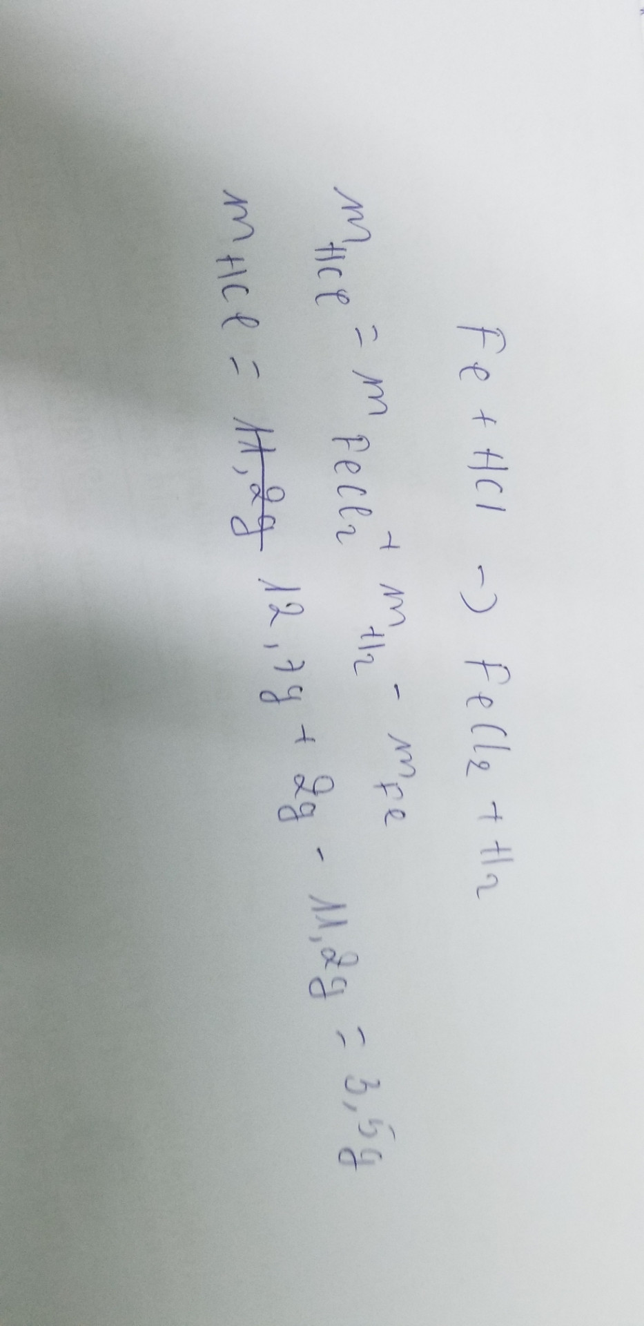 Cho 11,2g Fe. Phản ứng hết với dung dịch HCl thu được 12,7g FeCl2 và 2g H2 a) viết công thức hóa học b) tính khối lượng  phản ứng