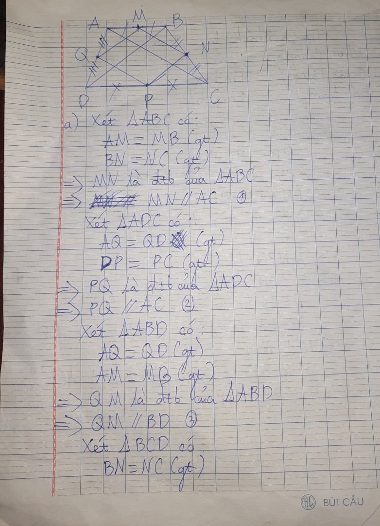 Cho tứ giác ABCD. Gọi lần lượt M, N, P, Q lần lượt là trung điểm của các cạnh AB, BC, CD, DA. 
a) tứ giác M, N, P, Q là hình gì?, vì sao? 
b) tứ giác ABCD cần có điều kiện nào thì MNPQ là hình chữ nhật.?