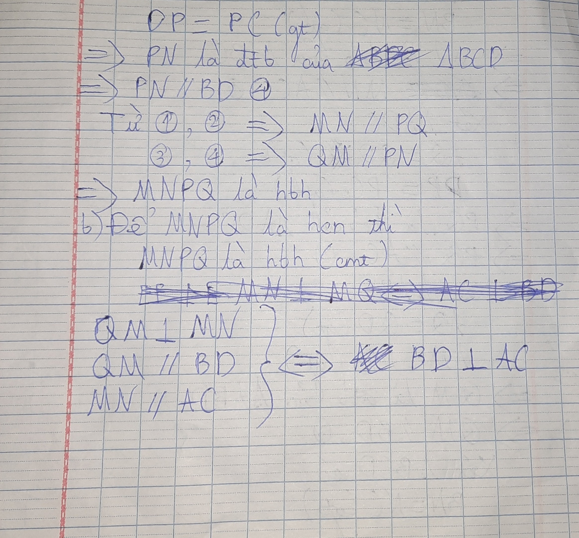 Cho tứ giác ABCD. Gọi lần lượt M, N, P, Q lần lượt là trung điểm của các cạnh AB, BC, CD, DA. 
a) tứ giác M, N, P, Q là hình gì?, vì sao? 
b) tứ giác ABCD cần có điều kiện nào thì MNPQ là hình chữ nhật.?