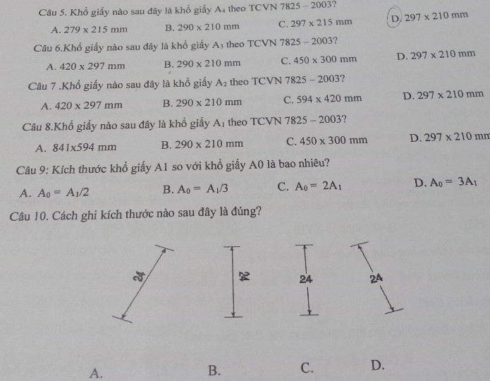 Giấy nào sau đây là khổ giấy a4 theo TCVN 7825-3003.