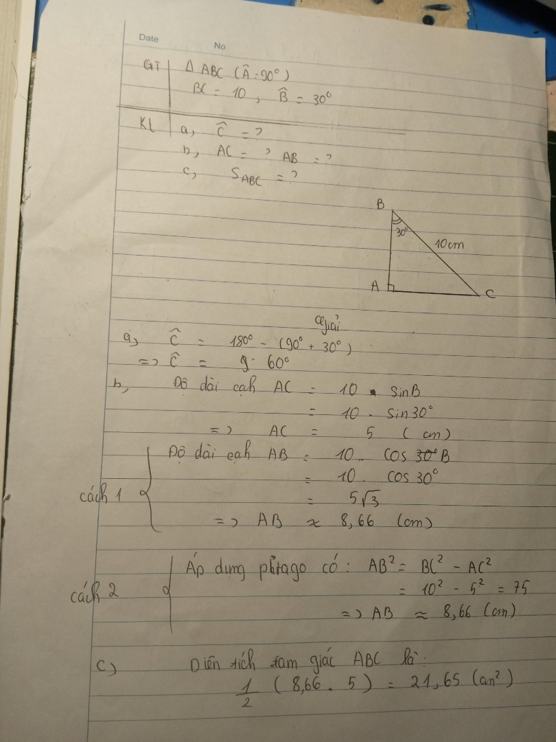 Bài 4. (3,5 điểm) Cho tam giác ABC vuông tại A, có cạnh huyền BC = 10 cm, B= 30°...