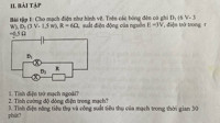 Cho mạch điện như hình vẽ. Trên các bóng đèn có ghi Đ1 (6 V - 3W),Đ2 (3 V - 1,5W), R=6Ω, suất điện động của nguồn E=3V,Điện trở trong r=0,5 Ω

1.Tính điện trở mạch ngoài?
2.Tính cường độ dòng điện trong mạch?
3.tính điện năng tiêu thụ và công suất tiêu thụ của mạch trong thời gian 30 Phút?